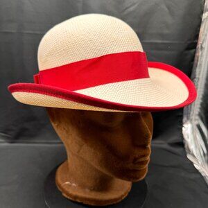 Vintage Womens Miss Bierner White and Red Paper Straw Panama Hat